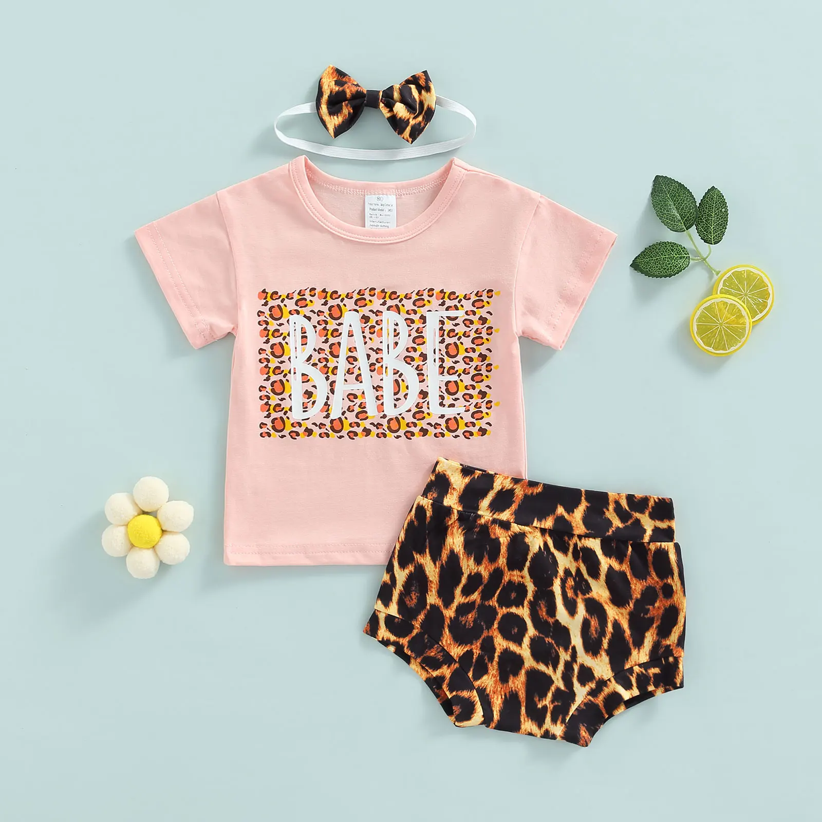 

TR New Summer Infant Baby Toddler Girls Clothes Set Letter Printed Short Sleeve T-shirts Leopard Shorts Bow Headband Suit