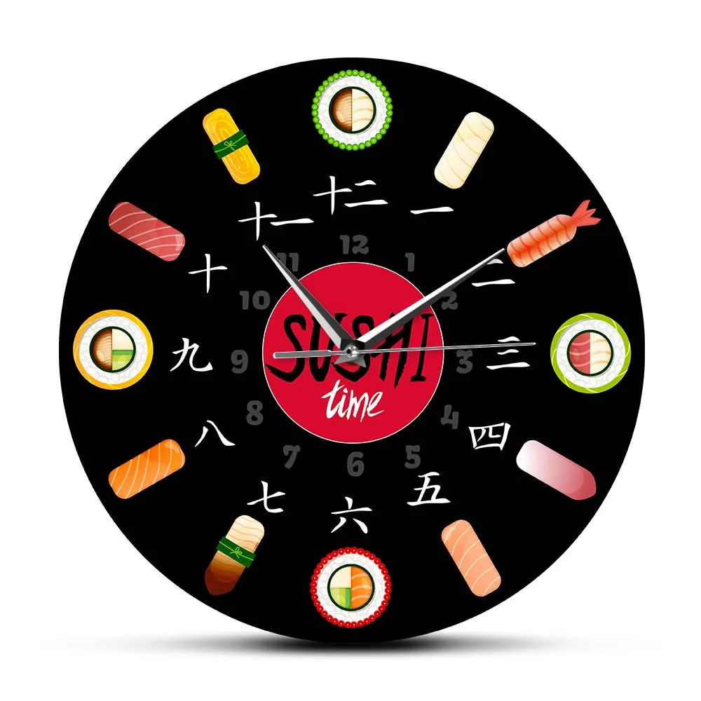 

Japanese Food Art Nigiri Sushi Types Decorative Wall Clock For Kitchen Dinning Room Resturant Menu Sign Hanging Clock Timepieces