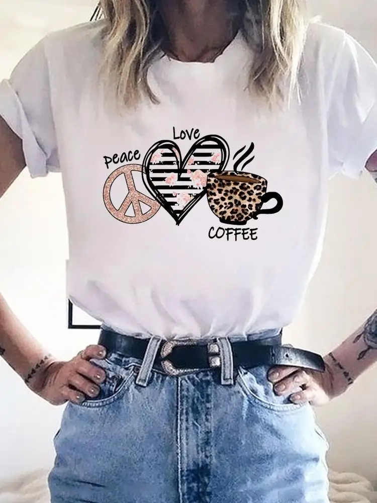 

Short Sleeve T-shirt Summer Coffee Leopard Flower Cute Clothes Women Clothing Print T Shirt Fashion Graphic Kawaii Basic Tee Top