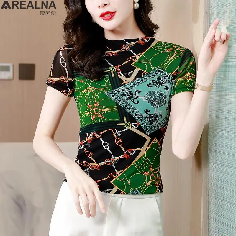 

12 colors ! Blusas mujer de moda 2022 summer Slim sexy mesh blouse women tops short sleeve chain print shirts for women camisas
