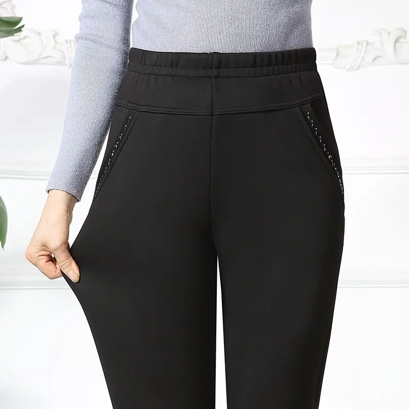 

Женские зимние теплые тонкие и толстые брюки, теплые флисовые длинные утепленные брюки, модные повседневные однотонные брюки со стразами, T266