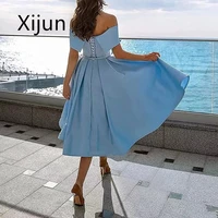 xijun elegant boat neck prom dresses knee length off the shoulder women evening dresses draped ruffled lovely vestidos de gala
