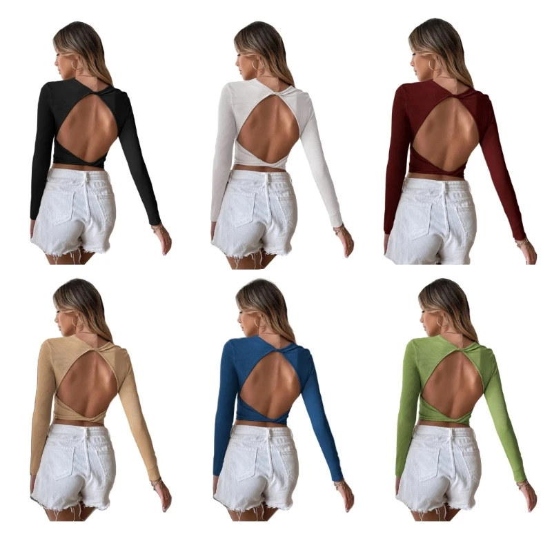 Женский Осенний укороченный топ в рубчик с длинным рукавом, однотонная облегающая футболка с вырезом на спине