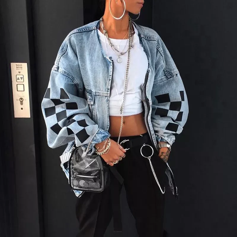 

2023New Jean Jacket Women Denim Jackets Autumn Winter Loose Plaid Zipper Tops Streewear Hip Hop Coats Jackets Ladies Plus Size 5
