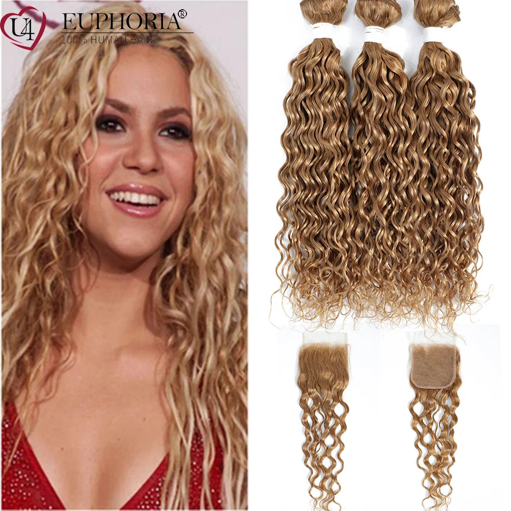 

Blonde 27 Color Water Wave Bundles With 4x4 Lace Closure Hair Brazilian Remy Human Hair 3 Bundles With Lace Closure Euphoria
