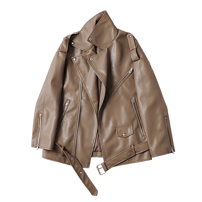 Brown Khaki Leather Coat Vintage Leather Women's winter 2022 Loose Short Motorcycle Clothing Leather Jacket  Faux Leather