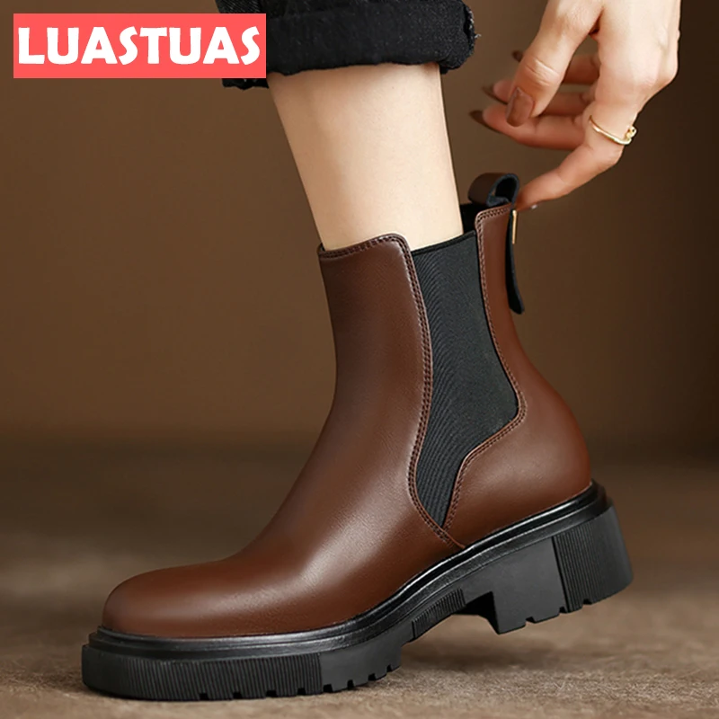 

LuasTuas New Ins Women Ankle Boots Real Leather Female Winter Shoes Fashion Platform Women'S Short Boot Footwear Size 34-39