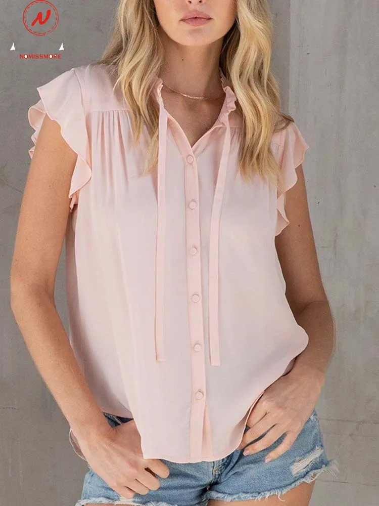 

England Style Women Summer Solid Color Shirts Single-Breasted Desig Ruffles Decor V-Neck Sleeveless Casual Cardigan Thin Top