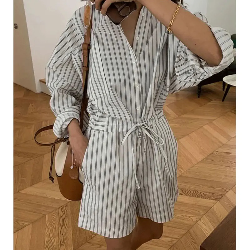 Clothland Women Elegant Striped Playsuit Drawstring Sashes Long Sleeve One Piece Casual Summer Jumpsuit Mujer KA331