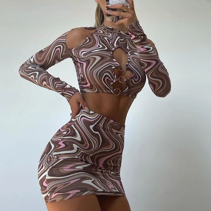 

Wave Print Skinny Two Piece Set Women Cut Out Crop Top+Mini Skirt Matching Outfits Sexy Body Shaping Fashion Hot Clubwear 2022