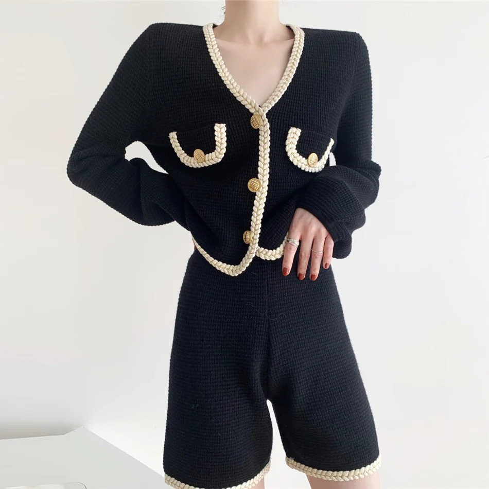 

French perfume ribbon edge texture pattern knitted suits autumn female western style chic brief paragraph two-piece libraries' h