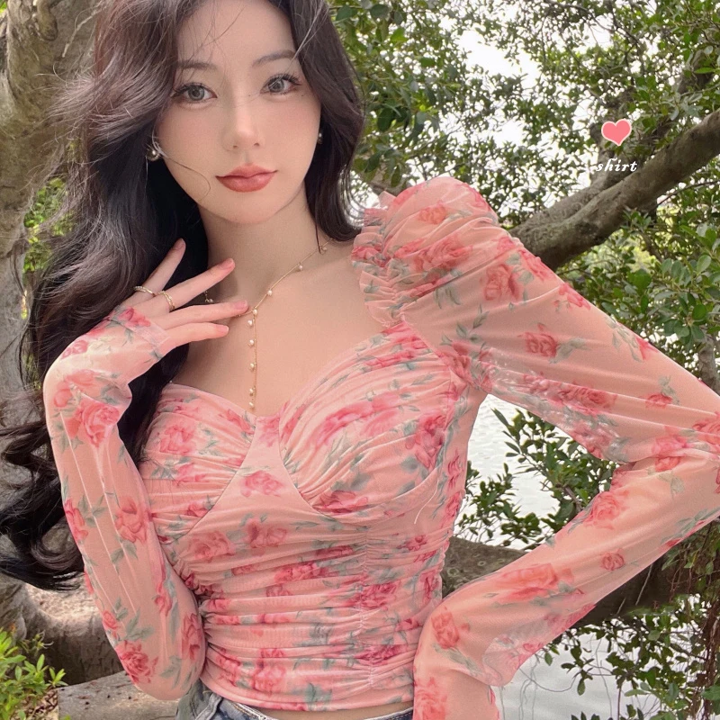 

French Style Sweet Floral Printed Women Shirts Strapless Puff Sleeve Off the Shoulder Sexy Cropped Tops 2022 New Summer Blouses