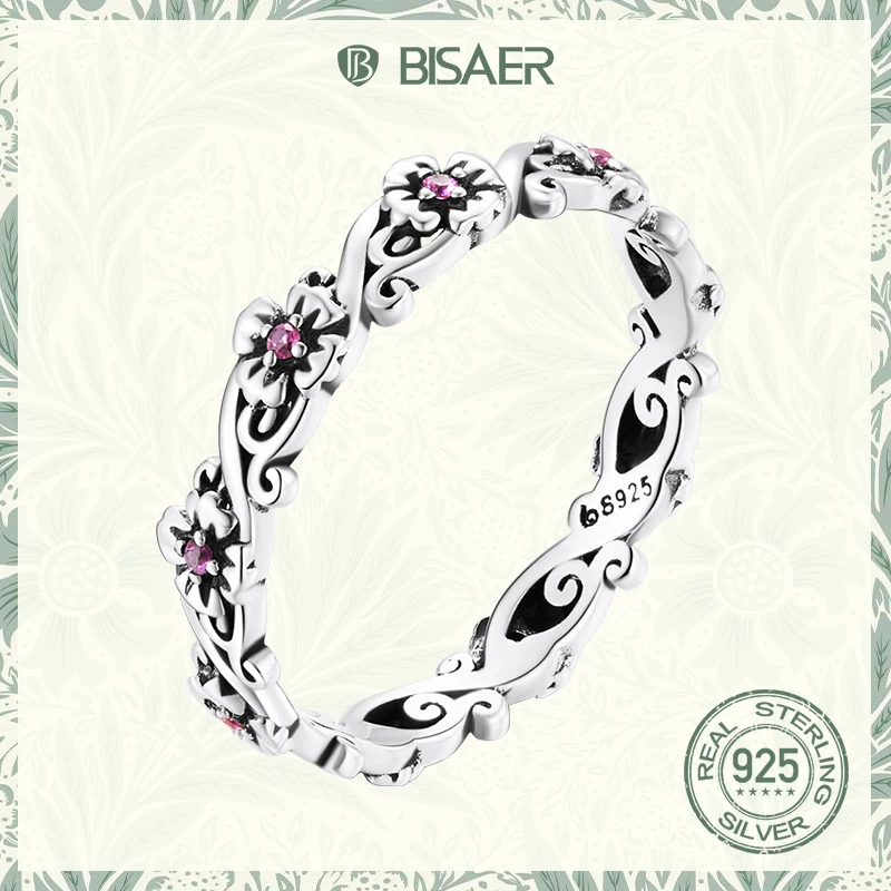 

BISAER 925 Sterling Sliver Ring Vintage Hollow Pattern Rose Red Flower Zircon Rings For Women Female Original Jewelry EFR235