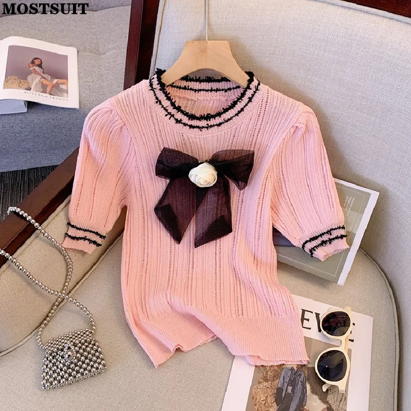 

Женская тонкая трикотажная футболка, розовый свитер с бантом и круглым вырезом, с коротким рукавом, элегантная винтажная трикотажная футболка, лето 2023