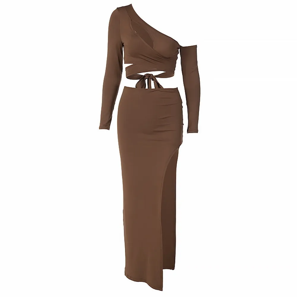 

Women's Cut Out Detail Asymmetric Split Thigh Rib-knit Midi Dress Set Long Sleeved Crop Tops and Skirt 2-piece Suit