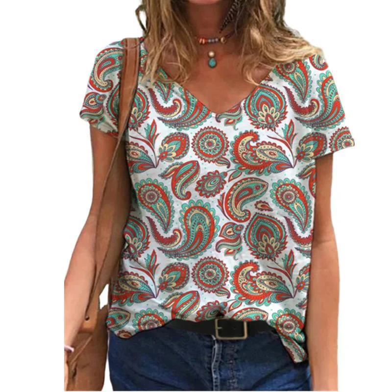 

2023 new abstract flower 3D printed Bohemian T-shirt women's casual fashion street women's top