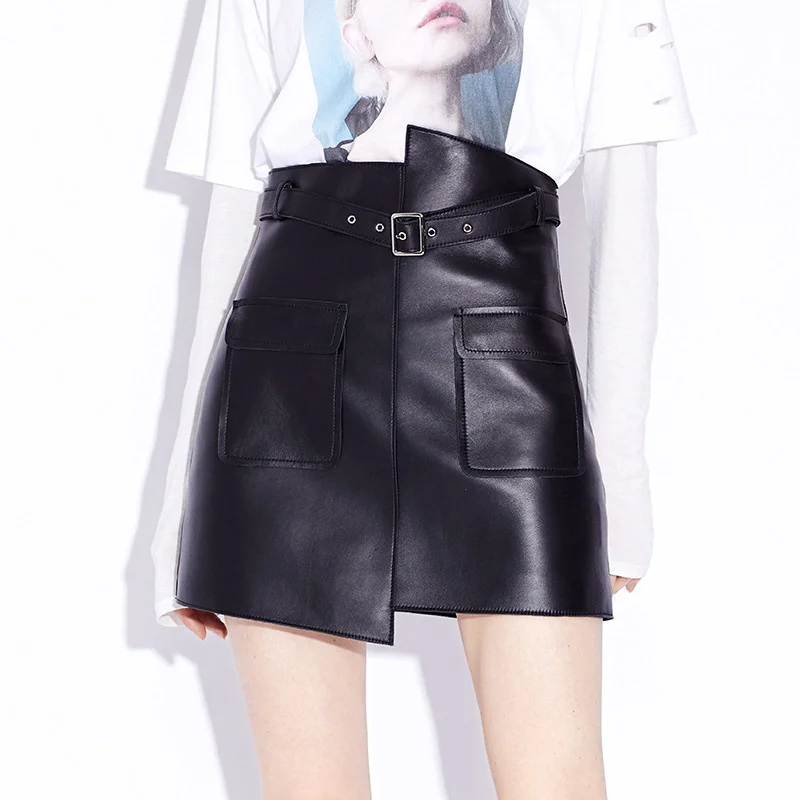 

Wrapped Hip Short Skirt Women's New High Waist Spring and Summer Slim Irregular Belt A-line Genuine Leather Skirt Motorcycle