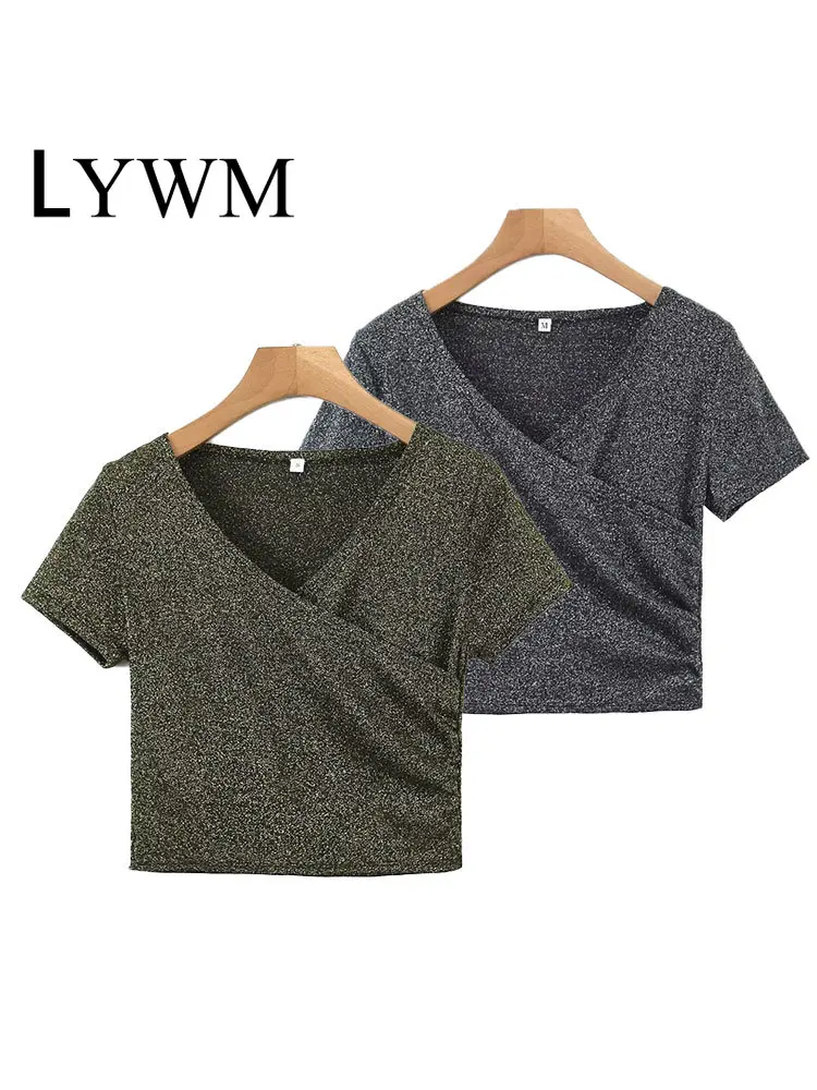 

LYWM Women Fashion Solid Cropped Bright Silk T-Shirt Vintage V-Neck Short Sleeves Female Chic Lady Short Tee