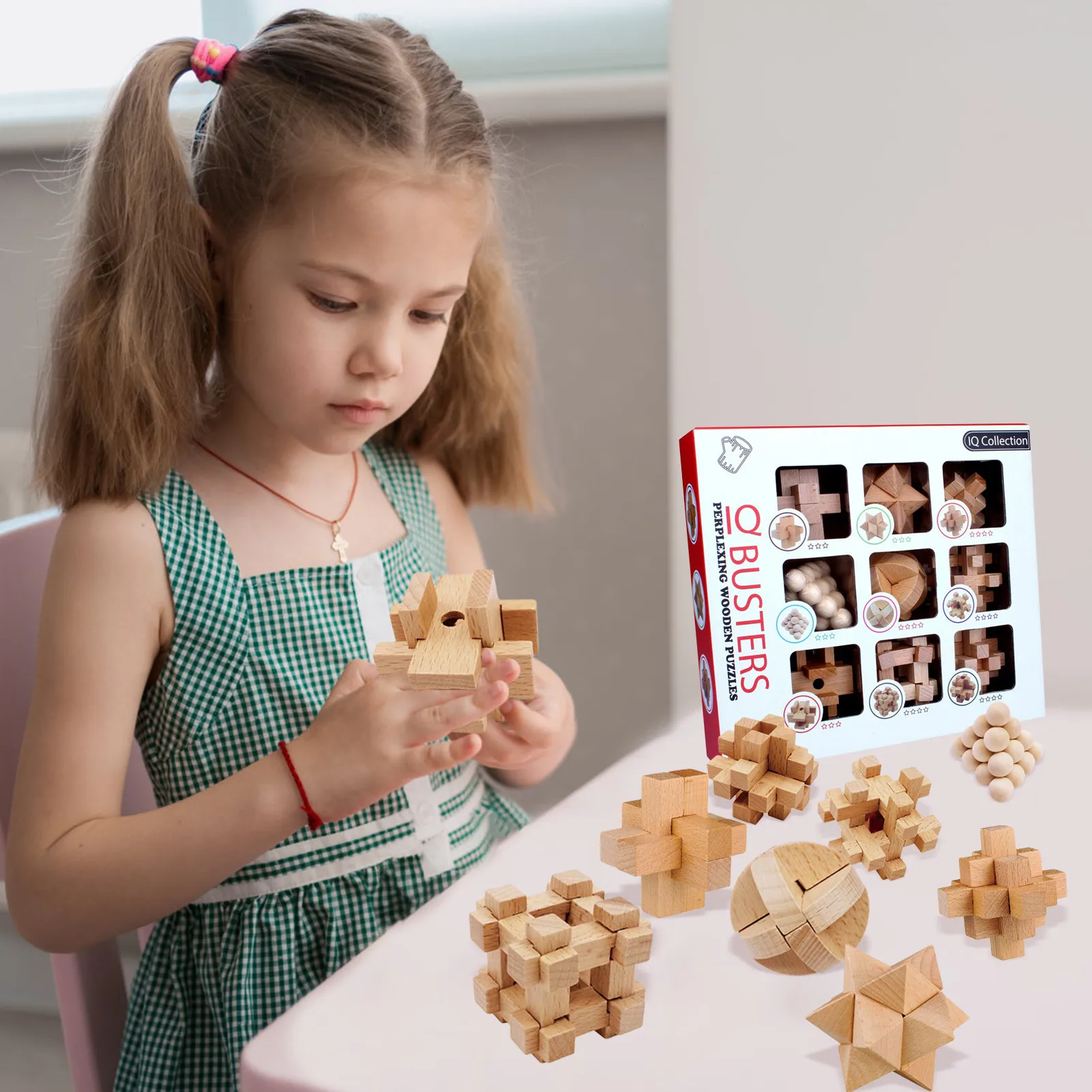 9PCS/SET Design IQ Brain Teaser Kong Ming Lock 3D Wooden Interlocking Burr Puzzles Game Toy Bamboo Small Size For Adults Kids | Игрушки и