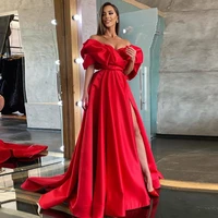 sexy red prom dresses satin off the shoulder pleat a line floor length slit party dress with sweep train formal evening gown