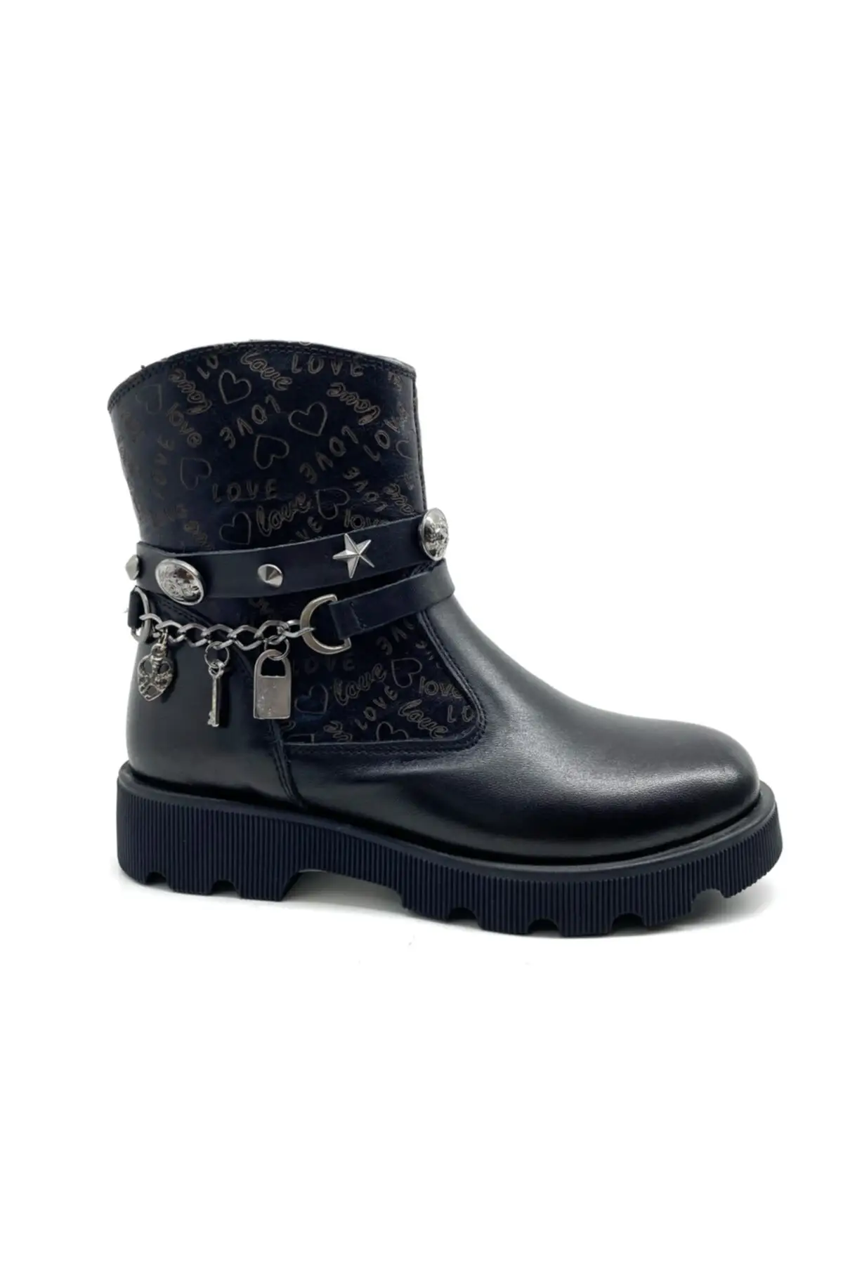 

Kid'S Boots Genuine Leather Heart Chain Black Orthopedic Girl Boy Boots