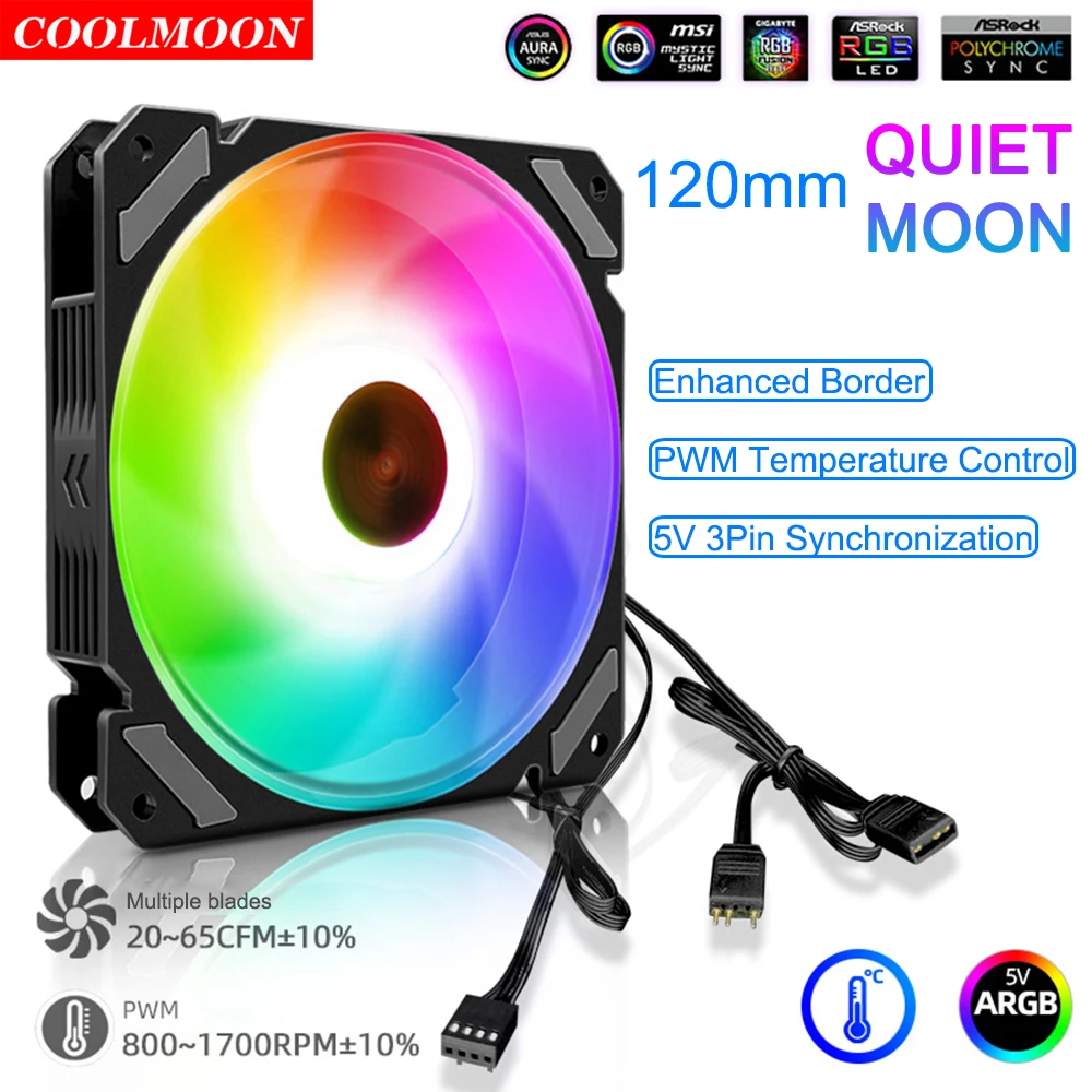 

Coolmoon 12V 4Pin PWM Cooling Radiator Quiet Moon 120mm 5V 3Pin ARGB PC Case Fan for CPU 120/240/360 Water Cooler Replacement