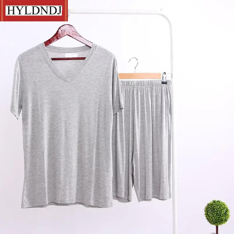 Mens Casual Set 2 Piece V-Neck Solid Color Home Clothing Summer Modal Pajama Sets Thin Short Sleeve T-Shirt Shorts Sleepwear