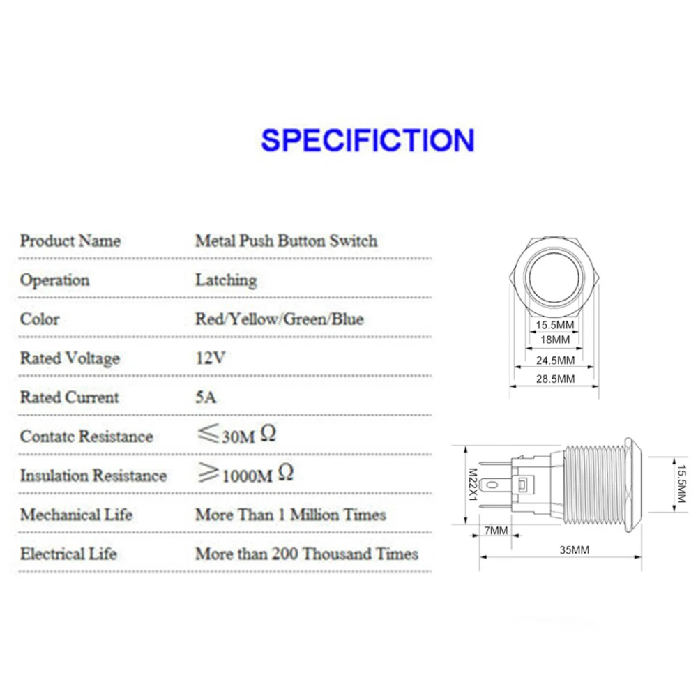 

22mm Latching Push Button Switch 12V-24V DC On Off Stainless Steel Ring LED Self-locking Momentary Pushbutton Switch