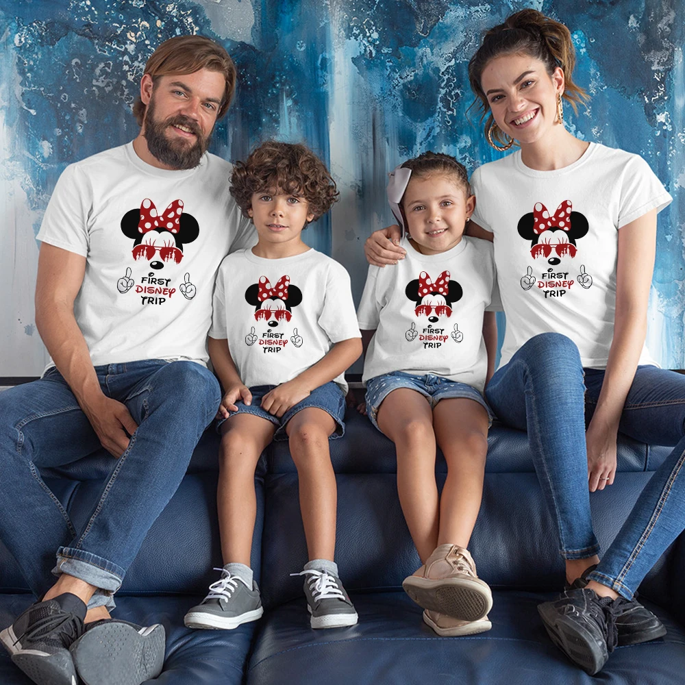 

First Disney Trip Kids Family Matching Outfits Casual Vacation Mother and Daughter Minnie Mickey T-shirt Father Son Streetwear