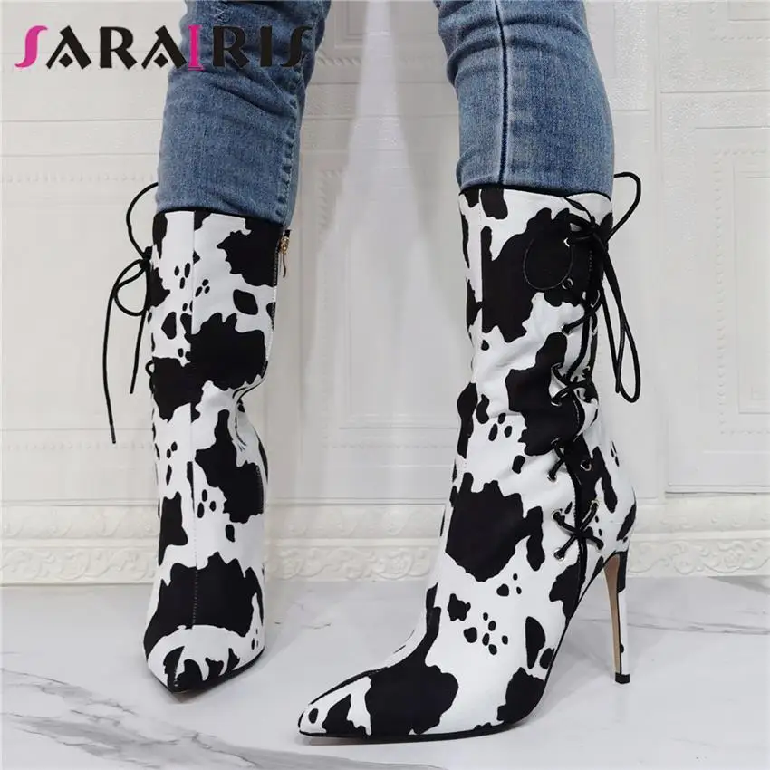 

SaraIris Female Boots Thin Heels Pointed Toe Zip Zip Stiletto Mid Calf Size 47 Trendy Boots Fashion Designer INS Hot Sale Shoes