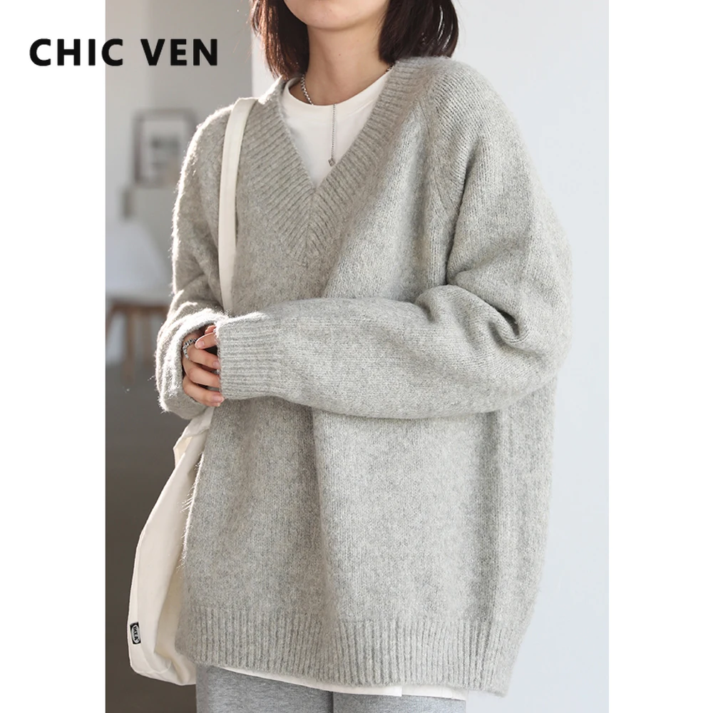 

CHIC VEN Women's Sweater Knitted Solid V Neck Casual Female Loose Long Sleeve Pullovers Female Tops Lady Coat Autumn Winter 2022