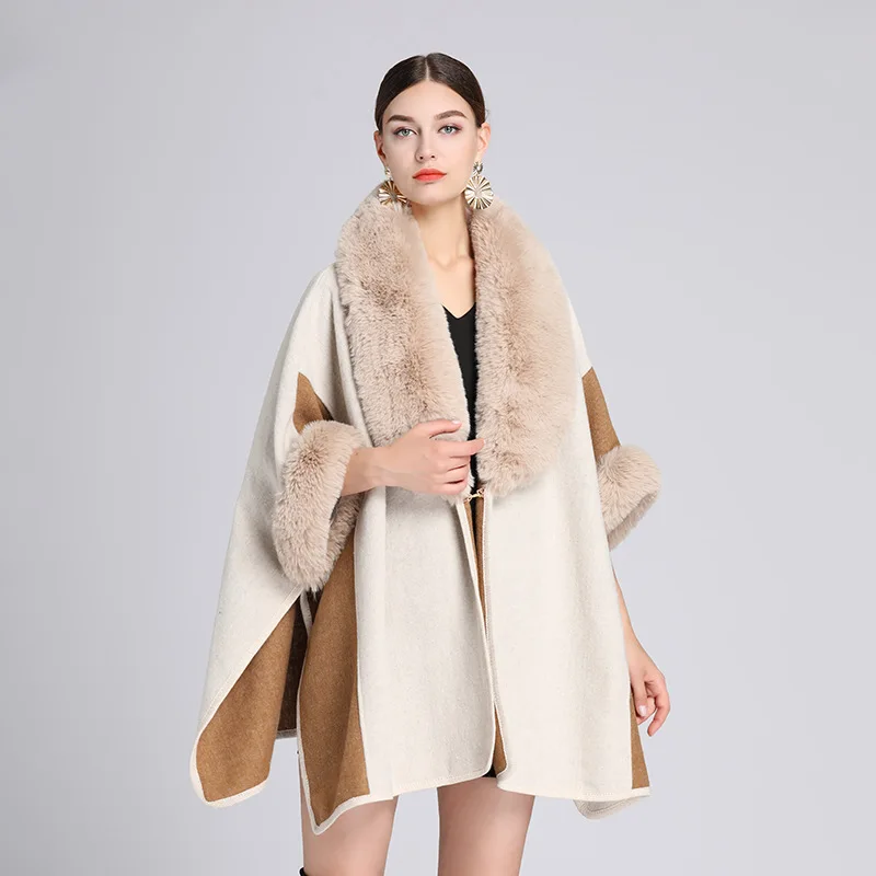 

M GIRLS Thick Wide Faux Rex Rabbit Fur Coat Cape Turndown Collar Contrast Color Woolen Overcoat Women Fall Winter Cloak Wraps