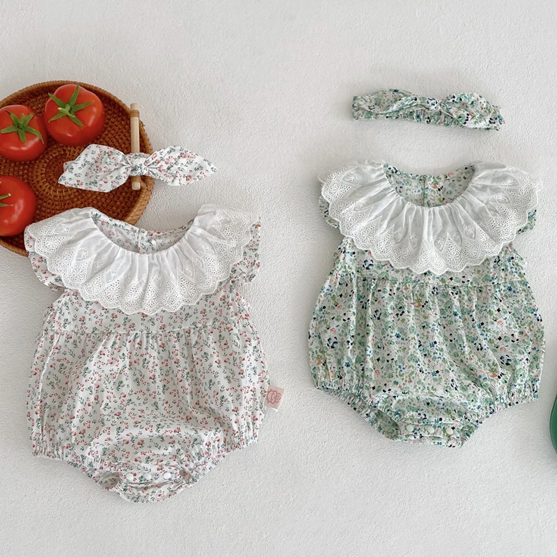 

Infant Baby Girls Jumpsuit+Hair band Cotton Flower Printing Sleeveless Toddler Baby Girl Bodysuits Baby Girls Clothes For Summer