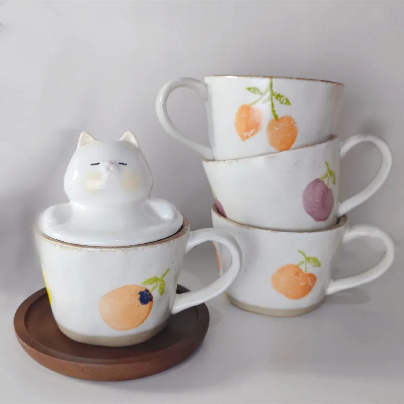 

Small Fresh Japanese Coarse Pottery Handmade Breakfast Cup Little Red Book Hand-painted Lucky Fruit Mug High Color Ceramic Cup