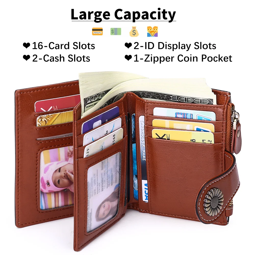 Vintage Women Wallet RFID Anti-theft Leather Wallets For Women Short Zipper Large Ladies Clutch Bag Female Purse Card Holder