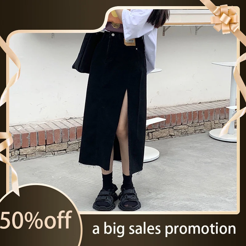 

Женская юбка с разрезом, черная юбка средней длины с высокой талией, трапециевидная юбка для лета