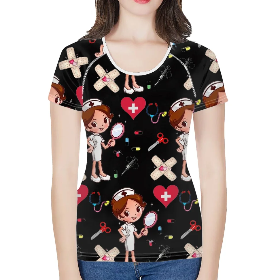 FORUDESIGNS O-neck Cotton Summer Female Slim Tops Cute White Dress Nurse Cartoon Print Black Tshirts Harakuju Women T-Shirts Tee