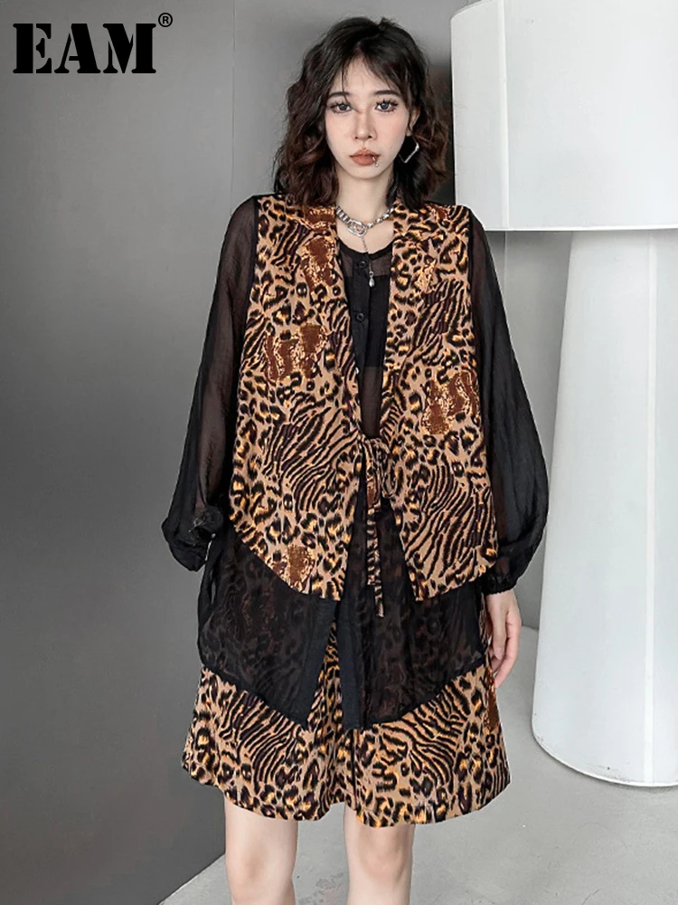 

[EAM] Wide Leg Shorts Leopard-print Shirt Big Size Two Piece Suit New Lapel Long Sleeve Women Fashion Spring Summer 2023 1DF8655