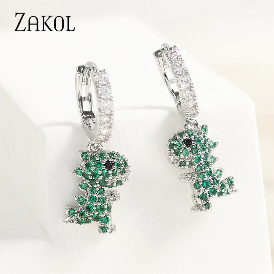 Серьги-кольца ZAKOL с зеленым цирконием в форме динозавра для женщин и девочек.