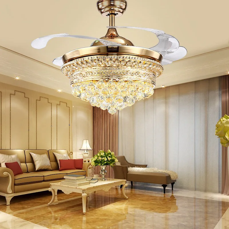 

Pendant Light Led Ceiling Fan Lamp Chandelier Art Bluetooth seven color frequency conversion restaurant hanging European crystal