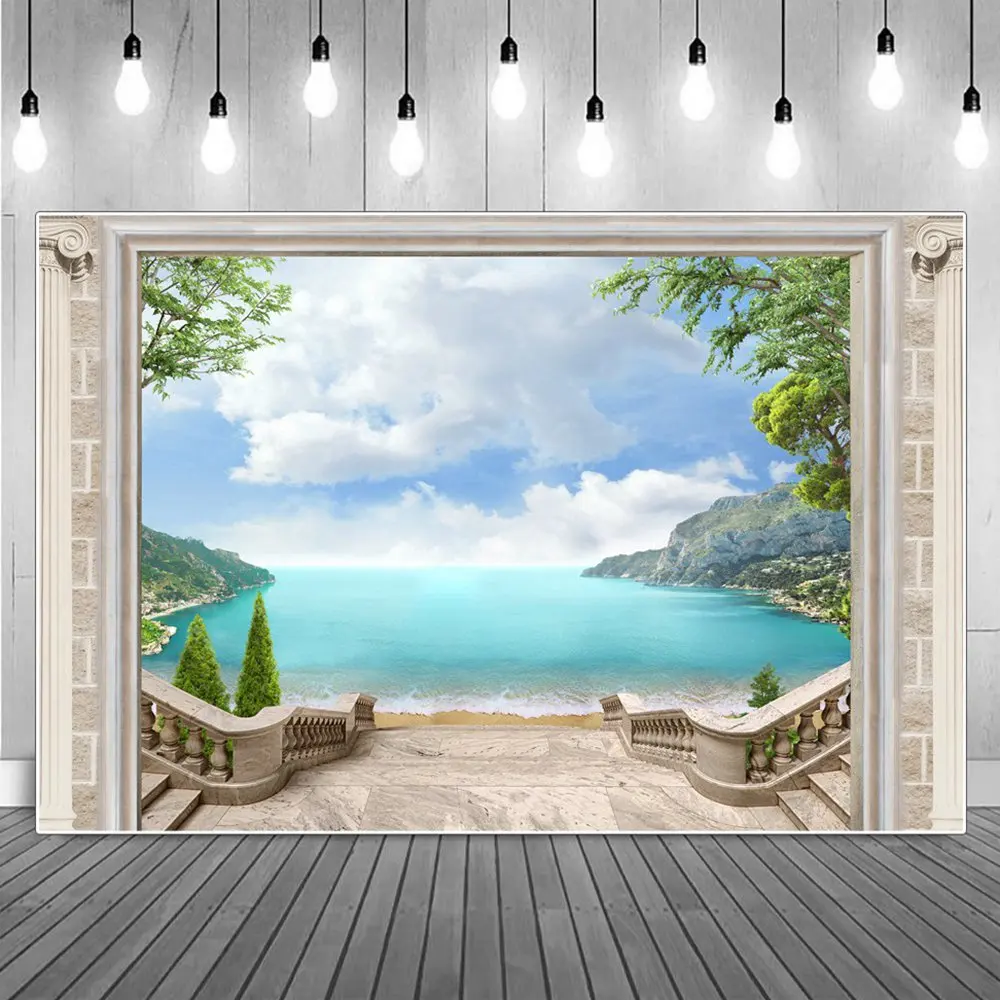 

Sea Bay Beach Palace Stairs Landscape Photography Backdrops Clouds Mountains Town Holiday Party Decoration Photo Backgrounds