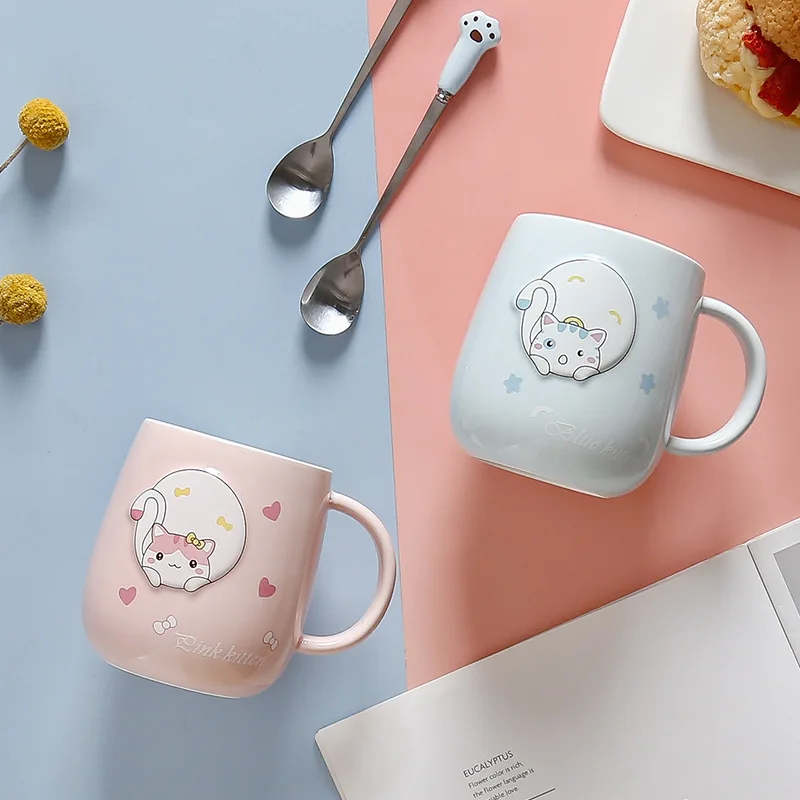 Creative Animated Cute Cat Mugs Ceramic Coffee Mug Phone Holder Lid and Spoon kitten milk coffee ceramic mug office gifts | Дом и сад