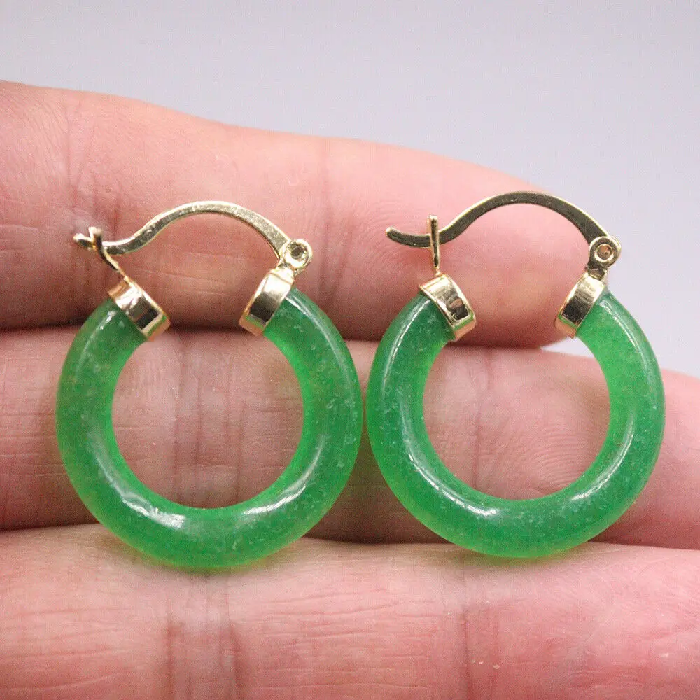 

New 18K Yellow GP with 2color Green Jade Circle Hoop Earrings 0.98“inch
