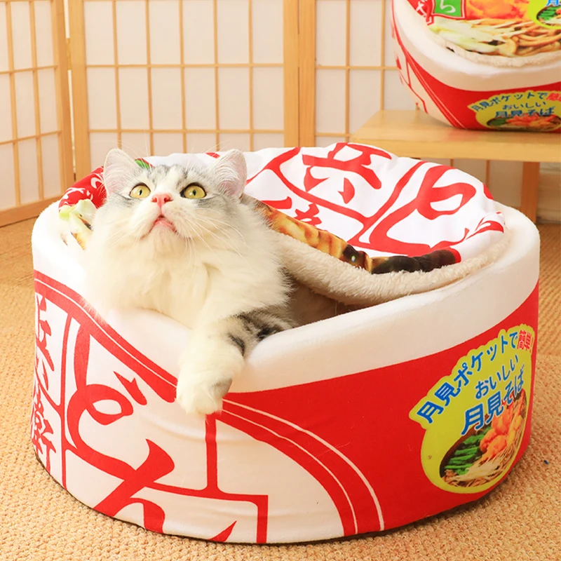 Japanese Instant Noodle Cat Plush Bed Funny Pet Tent Dog Bed House Sleeping Bag Cushion for Dog Beds for Small Medium Large Dogs