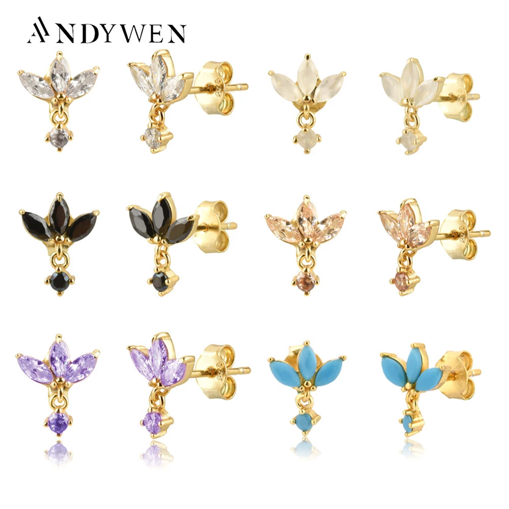 

ANDYWEN 100% 925 Sterling Silver Three Zircon Turquoises Stud Earring 2020 Fashion Jewelry Piercing Ohrringe Pendientes Crystal