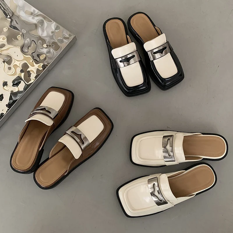 

Chic Metal Buckle Mule Shoes Woman Fashion Square Toe Loafer Slippers Ladies Slip-on Casual Flat Outdoor Slides