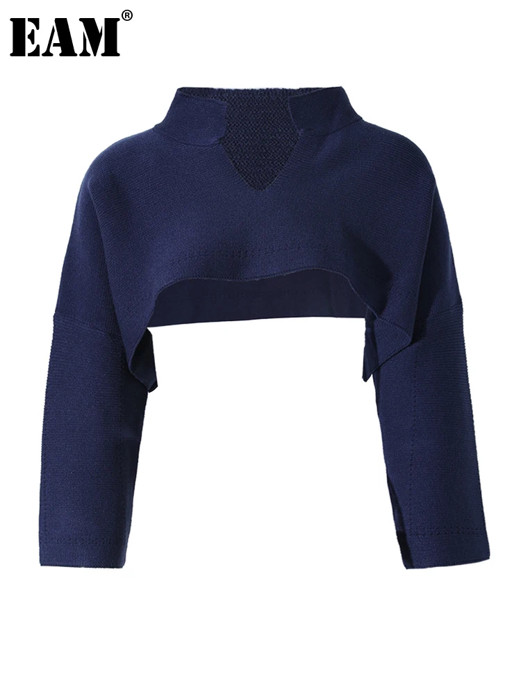 

[EAM] синий асимметричный большой размер короткий вязаный свитер свободный v-образный вырез с длинным рукавом женские пуловеры новая мода вес...
