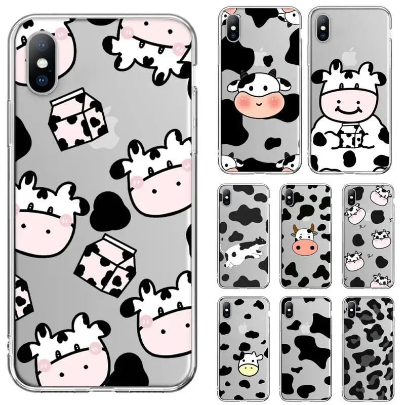 Чехол для телефона в черно-белом стиле с рисунком коровьего молока для iPhone 11 12 Mini 13 Pro XS Max X 8 7 6s Plus 5 SE XR, прозрачная оболочка.
