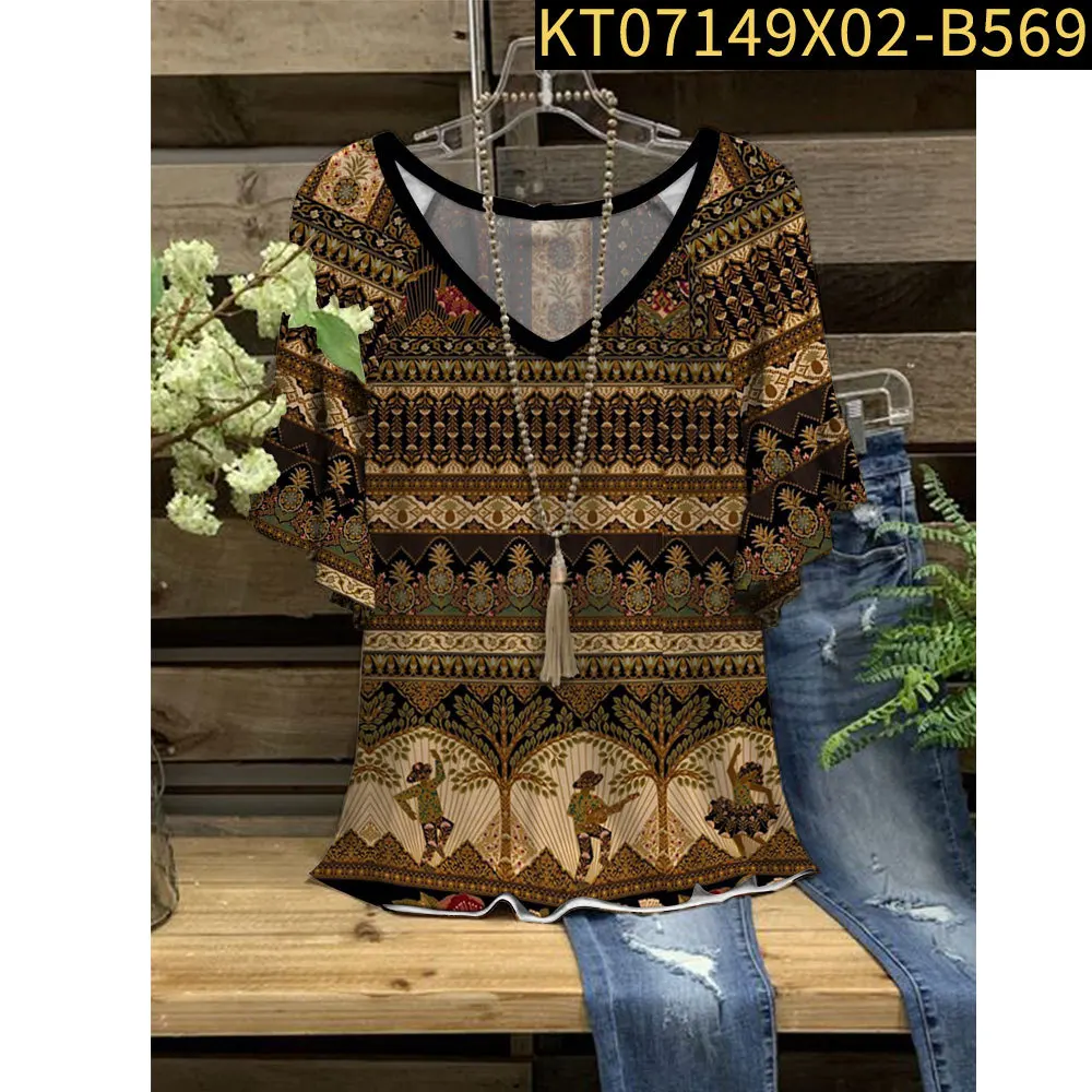 

Новые женские футболки в стиле ретро с барочным принтом в гавайском стиле y2k, женские топы с коротким рукавом и V-образным вырезом