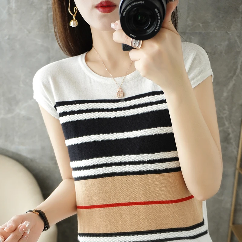 

Women's T-Shirt 2022 Summer New 100% Cotton Sweater Short Sleeve Casual Striped Knit Ladies Top Overside Tees Round Neck Blouse